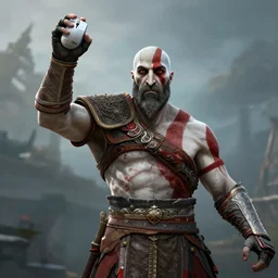 in game screenshot of kratos victoriously holding up a!!! computer mouse!!! in the new god of war video game, 4 k