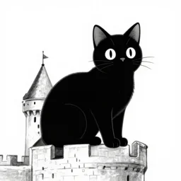 demon all black house cat sitting on top of a castle, style of kentaro miura!!!!, black and white