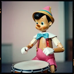 kodak portra 4 0 0, 8 k, highly detailed, britt marling style, 3 / 4 photographic close, press award winning colour portrait of a wooden pinocchio. playing marching drum, motion blur, pink, turquoise, up face with 1 9 2 0 s hairstyle, 1 9 2 0 s style, asymmetrical, hasselblad