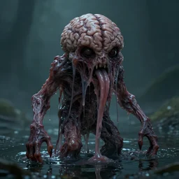 a creepy monster blob, veiny, strings of saliva, slimy tongue, skin texture like a brain,  standing in shallow water, terrifying, unsettling, creepy, artstation, cgsociety