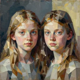 low poly, portrait of twin sisters, painting by shaun tan, detailed, intricate, torn paper decollage, low poly, oil on canvas by edward hopper, ( by mattias adolfsson ), by moebius