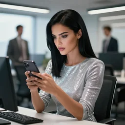 epic professional digital art Key visual of a stunningly attractive office admin with straight black hair in a sparkly silver dress looking at her iphone, office background, by Gil Elvgren and Dorian Cleavanger, best on artstation, cgsociety, wlop, Behance, pixiv, cosmic, epic, stunning, gorgeous, much detail, much wow, masterpiece