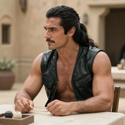 muscular man sitting at table on tatooine, wearing a black black leather vest, no shirt, shirtless, long black hair in a ponytail 9 9 9 9 9 9