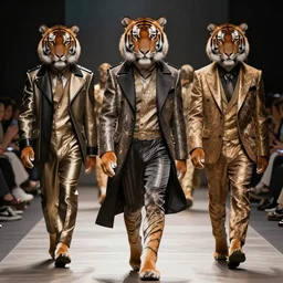 tigers wearing designer clothes posing on a catwalk, cinematic, 8 k, hyperrealistic details