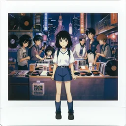 a full body 2 polaroid 6 portrait of a 1 9 9 0's disney girl 7 5 working at a vinyl stall 7, finely detailed features, closeup at the faces, perfect art, busy cyberpunk city, gapmoe yandere grimdark, trending on pixiv fanbox, painted by ilya kushinov makoto shinkai takashi takeuchi studio ghibli, akihiko yoshida,