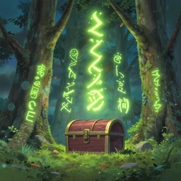 mythical glowing runes, beautiful ancient trees, hiding large treasure chest, serene evening atmosphere, soft lens, soft light, cel - shading, animation, in the style of cgsociety, deviantart, artstation, zbrush, cinema 4 d, studio ghibli, akihiko yoshida, atelier lulua, masamune shirow