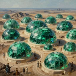 hyper detailed painting of giant domes made of shining emerald, sprawling across majestic parched plains, by francisco goya and rembrandt, unsettling, mysterious, by stephan martiniere and alexander fedosav, hyperrealism, 8 k resolution, behance hd, artstation, nightcafe