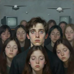 a haunting painting of a man with eyes wide open surrounded by people with their eyes completely shut. there are also crt television drones flying around