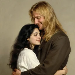 black haired young woman hugging a tall man with long blond hair and smiling, john william waterhouse, soft lighting, romantic, love