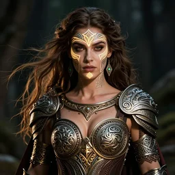 portrait of the beautiful posing celtic warrior queen with sexy neckline and with traditional celtic face painting, trending on artstation. glowing, ornate and intricate, stunning, dynamic lighting, intricate and detailed.