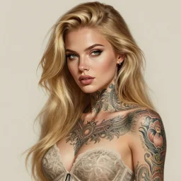 ultra realistic illustration, a hot and beautiful tattooed blonde slavic woman in her 3 0's, intricate, elegant, highly detailed, digital painting, artstation, concept art, smooth, sharp focus, illustration, art by artgerm and greg rutkowski and alphonse mucha