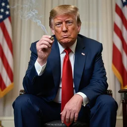Donald Trump sitting on a chair smoking weed