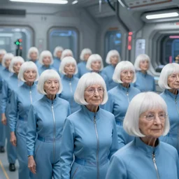 troop of grannies with white bob hairdos, tight light blue neopren pilot suits, futuristic cloning facility, sci - fi, highly detailed, cinematic
