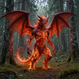 fire demon standing in a beautiful swedish forest, highly detailed, hyperrealistic, very sharp focus, intricate, soft lighting, wide shot photograph, digital painting by simon stålenhag