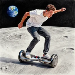 a closeup photorealistic colored pencil sketch of Tony Hawk riding a hoverboard on the surface of the moon. Earth in the distance. This 4K HD image is Trending on Artstation, featured on Behance, well-rendered, extra crisp, features intricate detail and the style of Unreal Engine.