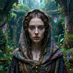 detailed face of a plantagenet woman clothed wrapped in textiles, lush, opulent, walled garden, utopian, tech noir, wet reflections, prism, atmospheric, ambient, pj crook, syd mead, livia prima, artgerm, greg rutkowski, nick alm, casey baugh