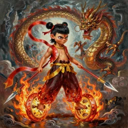 A beautiful oil painting of Nezha with two fire wheels and a spear, fighting with a Chinese dragon king, by Boris Vallejo, epic fantasy character art, high fantasy, Exquisite detail, post-processing, low angle, masterpiece, cinematic