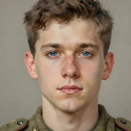 Closeup painting of a young man with short brown hair and blue eyes, wearing a military outfit, by Greg Rutkowski