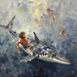 abstract watercolor painting of prehistoric caveman, swimming to escape plesiosaurus, paint brush strokes, art by hans dahl, jesper ejsing, anders zorn, greg rutkowski, greg manchess, wonderful masterpiece, cinematic light, american romanticism