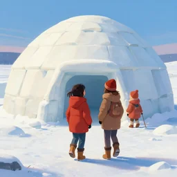 young girl back to us in front of an igloo in the tundra,, joyful matte painting by ruan jia and craig mullins, trending on artstation