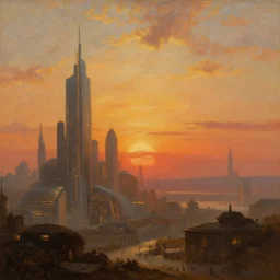 painting of a sunset in a futuristic city, by Canaletto, masterpiece, trending on ArtStation