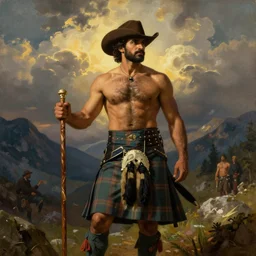 a dramatic epic beautiful painting of a shirtless hairy handsome desi man | he is wearing scottish highland dress kilt and cowboy hat, and holding a walking stick | background is mountains and clouds | dramatic lighting, golden hour, homoerotic | by mark maggiori and walter crane and charles m. russell and frederic remington | trending on artstation