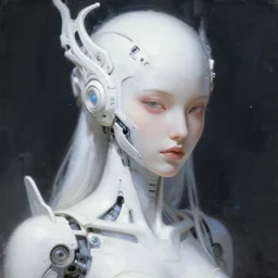 a white cast futuristic biomechanical humanoid woman with pretty face, porcelain skin, ornate headpiece, futuristic digital painting, cyberpunk, 8 k,