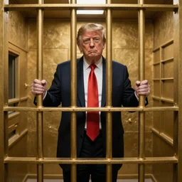 Donald Trump as a convict in a golden prison cell, photorealistic, dramatic lighting