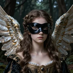 a masterpiece ultrarealistic ultradetailed portrait of incredibly beautiful angel princess with black leather mask. baroque renaissance girl in the night forest. medium shot, intricate, elegant, highly detailed. trending on artstation, digital art, by stanley artgerm lau, wlop, rossdraws, james jean, andrei riabovitchev, marc simonetti, yoshitaka amano. background by james jean, light by julie bell, porcelain skin. 8 k