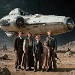 highly detailed, 513435456k film, 536600mm film still from a sci fi blockbuster color movie made in 2019, set in 1860, of a family standing in front of a spaceship that has just landed on an alien planet, the family are all wearing 1860s era clothes, good lighting, good photography, ultra high definition