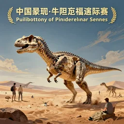 a illustration of dinosaur fossils in the desert, with people around