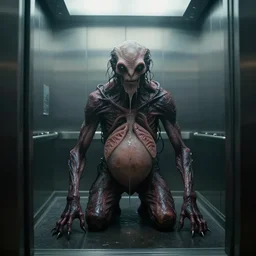 in the mirror metal elevator, a lonely wet skin creature with glowing eyes, crawling humanoid monsters, full body, smile face, light mist, octane rendering, cinematic light. medium shot, 2 4 mm, david fincher, james wan, gritty, moody, eerie, dark artslabcoats, sci - fi equipment, saliva, membrane pregnancy sac, respiratory flap, super realism, claws