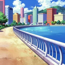 oceanfront walkway, futuristic city, colorful city, curved railing, long railing, shining sea, cel - shading, 2 0 0 1 anime, cel - shaded, bright sunshine, colorful buildings