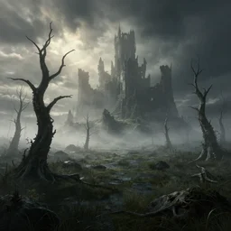 beautiful render of a eerie landscape, unreal engine, necronomicon, first light, dead trees, moor, morning mist, dramatic clouds, alien castle ruin, soft light, by greg rutkowski and h. r. giger, cgsociety