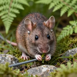 a rat eating a gray cable! in the ferns, grass and rocks, highly detailed photo, intricate details, volumetric lighting, zoom to face