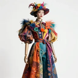 full size tall ball - jointed human doll by zhang jingna, weird high fashion colorful clothes!, beautiful detailed face!, interesting hat!, unique design, strange surreal extravagant clothes, fashion photography, reference sheet, white background