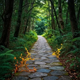 stone path into a forest splash art graphic design color splash high contrasting art, fantasy, highly detailed, rule of thirds art by greg rutkowski