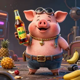happy samurai pig holding a bottle of delicious pineapple, cherry & banana flavoured nuka cola, post apocalypse, unreal engine, retro futurism, dieselpunk, 3 d art, concept art, highly detailed, pop art, by artgerm and jakub rozalsky