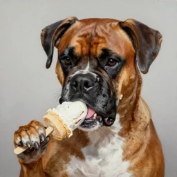highly detailed oil painting of a boxer dog eating ice cream