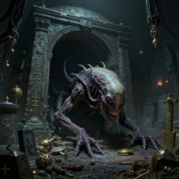 a highly detailed matte painting of lovecraftian cosmic horror scene with an abomination crawling out of an ancient tomb in a dark mausoleum filled with relics and sigils, by artgerm, by wlop, by greg rutkowski, volumetric lighting, octane render, 4 k resolution, trending on artstation, masterpiece