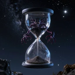 Cthulhu in the starry sky, floating hourglass