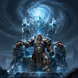 epic world of warcraft orc warrior chief thrall standing in front of a gigantic throne made of dark ice with a dark sky above made of a dark hurricane spiral, extremely detailed, wow, cinematic, unreal engine 5, artistic, movie poster, world of warcraft cinematics style