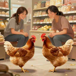 chickens, fighting with a woman in a store, digital painting