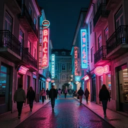 neon streets of lissabon, 4 k, award winning photo, cyberpunk style