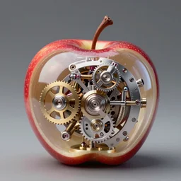35mm photo of an (intricate!! Mechanical apple that has transparent skin!! and lots of gears visible inside!!), growing off a tree branch. very detailed, 8k, fantasy horror, award winning