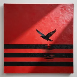 canvas coated with red paint, black stripes, bird flying out of water, matte paint, alberto seveso