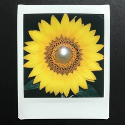 a sunflower with a human at its center, polaroid, harsh flash, hard flash, 8 k realistic photography