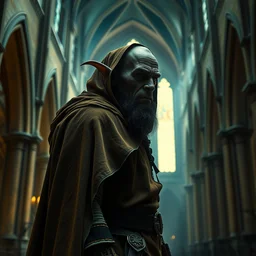 a hideous hunchback man wearing a brown and green cloak, in the shadows, in a cathedral, dynamic lighting, 8 k hdr movie still
