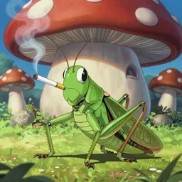 Portrait of a Anthropomorphic grasshopper smoking an anime cigarette, mushroom hut in background , cel animation by Tokyo Movie Shinsha and Greg rutkowski, post-processing , IMAX , vibrant colors , award-winning masterpiece 20 years in the making
