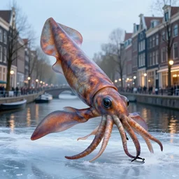 giant squid ice skating on the amsterdam canal, fantasy, high detail, elegant, digital painting, cinematic lighting, textured skin, highly detailed, artstation, unreal engine 5, breathtaking, illustration, ilya kuvshinov, nikolay makovsky